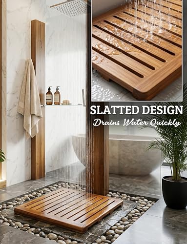 Acacia Wood Shower Mat 21x21 Inches by Demigo, Luxury Bath Mat Non Slip for Bathroom Bathtub Shower Spa Garden Home, Wooden Floor Mat Square Large for Outdoor and Indoor - size: 21" x 21" (Square)