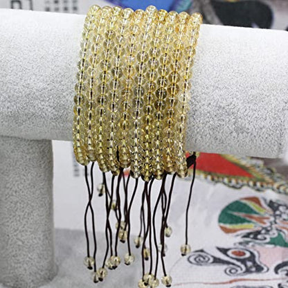 Keleny Natural Gemtones 4mm Round Beads Crystal Adjustable Braided Macrame Tassels Bracelets Unisex - color: Yellow Citrine
