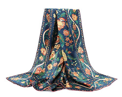 ANDANTINO 100% Silk Scarf 43" Large Square Lightweight Headscarf& Shawl–Women Hair Wraps-With Gift Packed - color: Flowers-navy