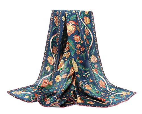ANDANTINO 100% Silk Scarf 43" Large Square Lightweight Headscarf& Shawl–Women Hair Wraps-With Gift Packed - color: Flowers-navy