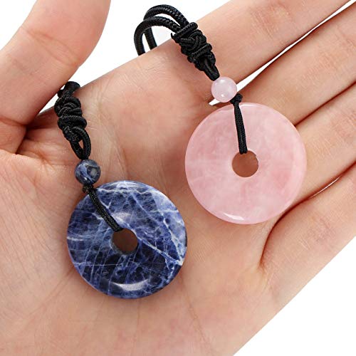 Jovivi 30mm Circle Donut Healing Crystals Necklace Natural Semi-Precious Chakra Gemstone Stone Amulet Lucky Coin Donuts Charm Protection Quartz Reiki Pendant Necklace for Men Women Adjustable Rope - color: 2pcs(Rose Quartz+Sodalite)