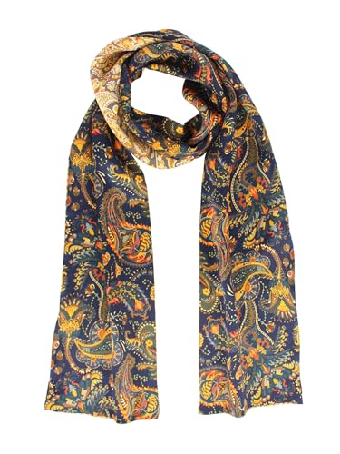 ANDANTINO 100% Silk Scarf for Women 59”*6.3” Long Shawls for Headscarf and Neck- Oblong Hair Wraps with Gift Packed - color: Gold&navy Paisley