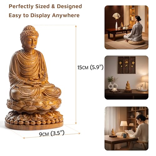 Buddha Statue – Wooden Shakyamuni Buddha for Indoor Home Altar, Meditation Room Decor, Buddhist Spiritual Gifts - style: Meditating Buddha on Lotus