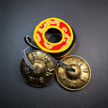 Tibetan Tingsha Bell Set - Tibetan Cymbals - for Sound Healing, Yoga, Meditation, and Mindfulness,Handmade in Nepal,Made of Brass,OM Mantra Pattern,6.5cm/2.6 inch - color: 4-Brass-Om-6.5cm