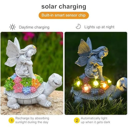 Solar Angel Garden Statue，Solar Garden Statue Angel and Turtle,Figurines Outdoor Decor,Outdoor Solar Statue with LED Lights for Yard,Patio,Lawn Art Decoration,Housewarming Gift