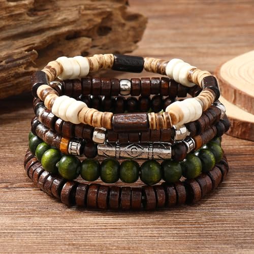 5pcs Womens Mens Wooden Bead Bracelet Set - Funky Style, Beads Bracelets for Father'S Day, Mother'S Day, Christmas, Birthdays, Thanksgiving Gift