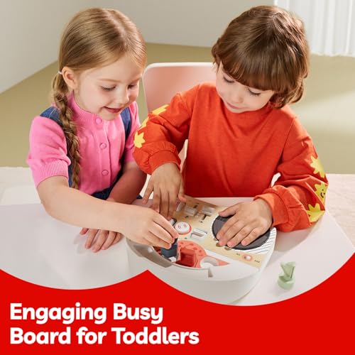 TOP BRIGHT DJ Music Busy Board - Wooden Toddler Toys for Boys and Girls，Montessori Sensory Toy with 14 Activities with Sound Blocks, Portable Travel Toy for 18M+
