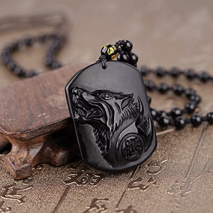 Black Obsidian Necklace Natural Crystal Amulet Protection Pendant with Adjustable Rope Lucky Talisman Necklaces Jewelry Gift for Men Women - color: Wolf