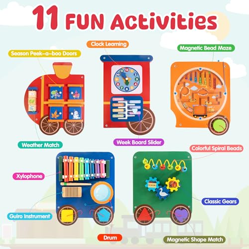 Train Activity Wall Busy Board Panels | 11-in-1 Wooden Sensory Wall Panel for Kids, Toddler Montessori Learning Activity Center, Perfect for Toddler Playroom Nursery Classroom Dentist Waiting Room - style: Train