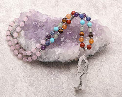 Jovivi Natural 7 Chakras Healing Crystals Necklace Wire Wrapped Clear Quartz Stone Pendant Healing Pointed Reiki Energy Balancing - color: Rose Quartz Crystal