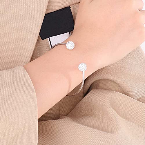 Women's Stainless Steel Minimalist Open Cuff Bracelet with Zirconia Ball, Silver/Gold - color: Silver-12mm ball