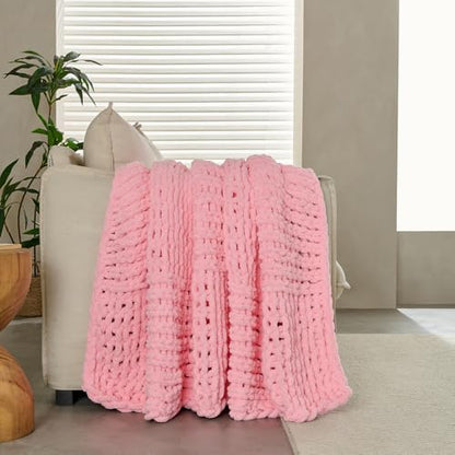 Chunky Knit Blanket Throw 50x60 Inches,Handmade Cable Knit Crochet Blanket,Cozy Lightweight All Season,Wrinkle-Resistant Polyester for Couch Bed Sofa Reading Nook, Beige,Pink - color: Pink