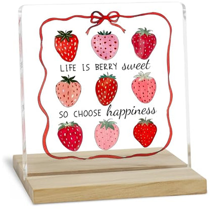 Coquette Strawberry Inspirational Decor Sign, Life is Berry Sweet Inspirational Acrylic Plaque - color: Strawberry
