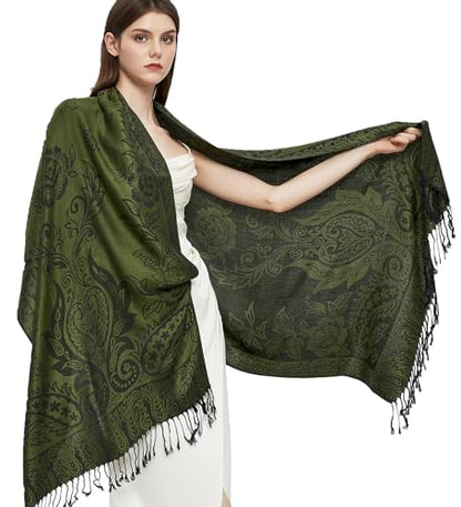Pashmina Shawl Wrap with Ethnic Paisley Two Tone Jacquard Scarf for Women - color: Paisley-green