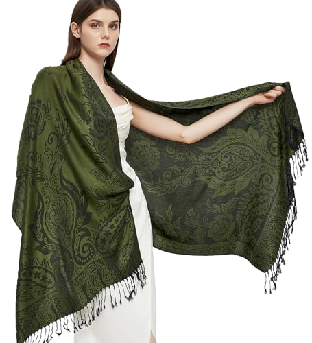 Pashmina Shawl Wrap with Ethnic Paisley Two Tone Jacquard Scarf for Women - color: Paisley-green