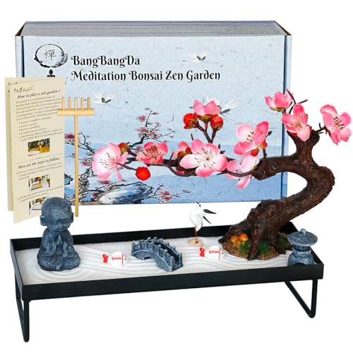 Mini Zen Garden Kit for Desk Tabletop Rock Sand Tray Therapy Kit Office Stress Relief Spiritual Decor Japanese Zen Healing Gifts for Lady Yoga Meditation Accessories with Bonsai Buddha Koli Fish Rake