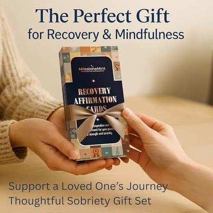 MilestoneMint Daily Affirmation Cards, 50 Positive Affirmation Cards Double Sided, Sobriety and Recovery Daily Mindset Prompts, Includes Sobriety Coin & Wooden Card Stand, Perfect Recovery Gift - size: 50 Cards Wooden Stand + Tree Coin