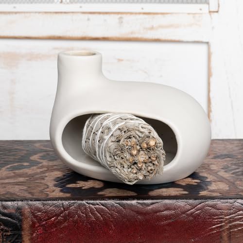 MOUGIGI Modern Palo Santo Holder Ceramic Burner for Meditation and Energy Cleansing - Handcrafted Smudge Bowl for Wood Sticks, Sage, and Incense Cones - color: Matte Clay -White
