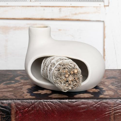 MOUGIGI Modern Palo Santo Holder Ceramic Burner for Meditation and Energy Cleansing - Handcrafted Smudge Bowl for Wood Sticks, Sage, and Incense Cones - color: Matte Clay -White