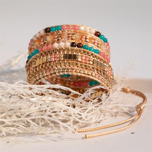 YGLINE Natural Stone Wrap Bracelet for Women Boho Bracelets Healing Crystal Beaded Bracelet Adjustable 3/5 Wraps Bracelet Handmade Birthday Gifts for Women - color: golden