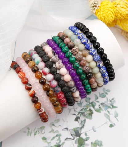 BOMAIL 12PCS 6MM Gemstones Beaded Bracelet for Women Healing Crystal Stone Bracelets Round Beads Semi-Precious Stretch Bracelet Set Unisex Jewelry