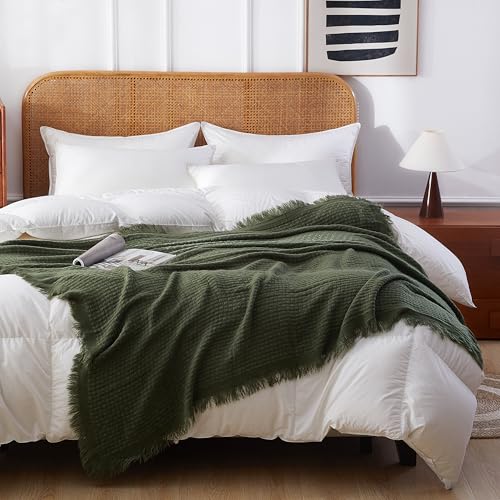 100% Acrylic Decorative Knitted Throw Blanket with Tassels for Bed, Couch, Small, Chairs, Lightweight, Soft, Cozy, Waffle Textured Blanket, Suitable for Spring, Summer, Mossy Green, 50"x60" - color: Mossy Green