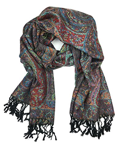 Plum Feathers Tapestry Ethnic Paisley Pattern Pashmina Shawl Scarf, Womens Pashmina Shawl Wrap with Fringes - color: Black Multi Tapestry