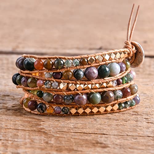 YGLINE Natural Stone Wrap Bracelet for Women Boho Bracelets Healing Crystal Beaded Bracelet Adjustable 3/5 Wraps Bracelet Handmade Birthday Gifts for Women - color: Agate-3w