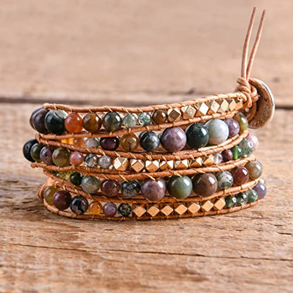 YGLINE Natural Stone Wrap Bracelet for Women Boho Bracelets Healing Crystal Beaded Bracelet Adjustable 3/5 Wraps Bracelet Handmade Birthday Gifts for Women - color: Agate-3w