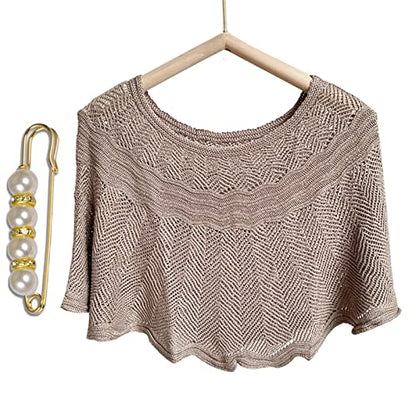 Knitted Sun-Proof Ice Silk Shawl, Summer Knitted Hollow-Out Poncho Cape Shawl, Knit Shawl Wrap for Women - color: Khaki