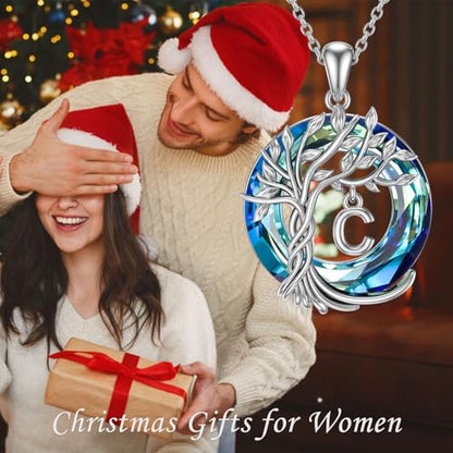 TOUPOP Gifts for Women Tree of Life Initial Necklace 925 Sterling Silver Letter Pendant with Blue Crystal Birthday Jewelry Gifts for Women Her Mom Wife Daughter - color: Tree of Life C Initial