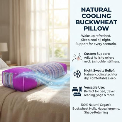 Buckwheat Pillow & Cervical Pillows for Sleeping (21x8x3inch) 100% Organic Coarse Cloth Package w Organic Buckwheat Hulls, Natural Cooling Technology and Relieve Cervical Pain. (Purple) - color: Purple