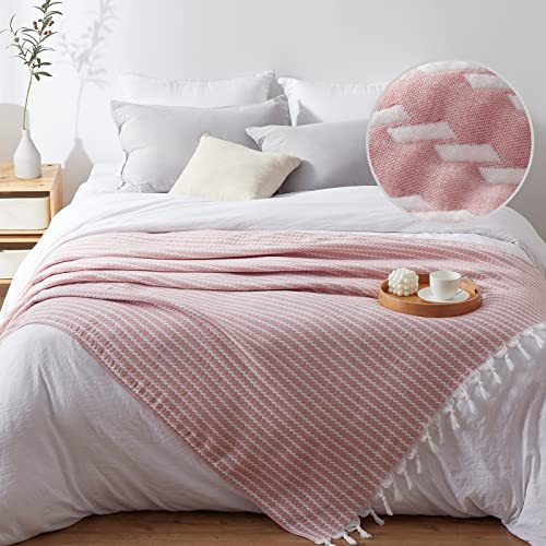 SE SOFTEXLY Muslin Blanket Throw 50x60, Jacquard Summer Cooling Blanket Cozy Organic Egyptian Cotton Bed Spread for Bed Couch Breathable Lightweight Keep Body Cool for Hot Sleepers - color: Vertical Pink