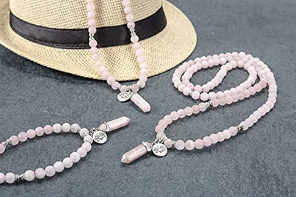 Jovivi 108 Mala Beads Bracelet 8mm Natural Amethyst Rose Quartz Healing Crystal Stone Mala Prayer Bead Necklace Hexagonal Prism Gemstone Reiki Pointed Pendant for Yoga Meditation Energy Balancing - color: Matte Rose Quartz Crystal