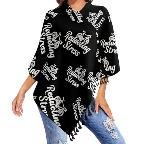 Weapon of Stress Reduction Biking Shawl Wraps for Women Printed Tassel Ponchos Oversized Soft Cape Sweater - color: Black-style