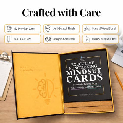 Executive Functioning Cards – 52 Daily Habit & Focus Cards for Organization, Time Management & Self-Control – For Kids, Teens & Adults – Includes Wooden Display Stand - style: Executive Functioning