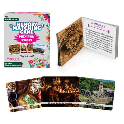 Menique – Mexican Roots Memory Game – Bilingual – 100 Cards (50 Pairs) with Real Photographs – Includes Booklets in English & Spanish – Cultural Matching Game for Kids & Adults - style: Mexican Roots