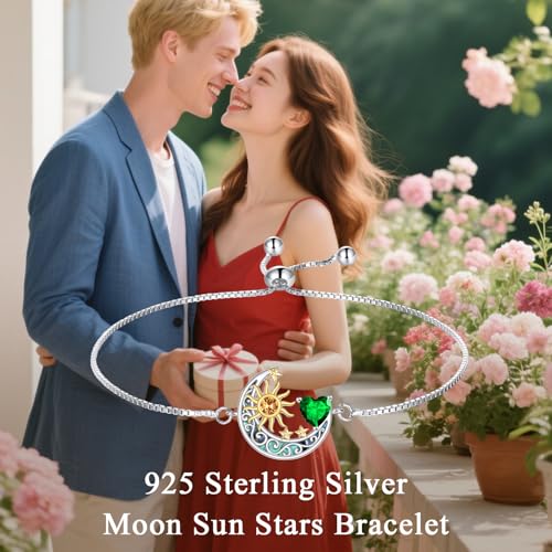 925 Sterling Silver Moon and Sun Star Adjustable Link Bracelet for Women with 12 Month Birthstone Birthday Jewelry - style: 05 - May