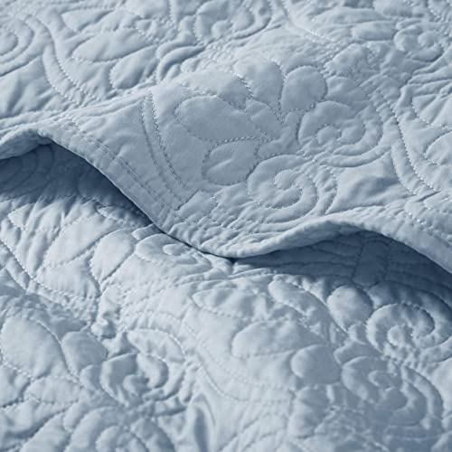 Madison Park Throw Blanket - Reversible Damask Quilting Design, Soft Pre-washed Microfiber, Cotton Filled Spread, Cozy Summer Blanket - Throw for Living Room Couch, Sofa, Bed, Quebec, 60x70", Blue - color: Blue, size: 60"x70"