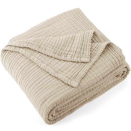 Carriediosa 100% Cotton Muslin Throw Blanket 70" X 80" Twin Size，4-Layers Summer Gauze Throws for Bed Couch，Soft Lightweight Breathable Linen Blankets Bedspread for Adults All Season，Khaki - color: Khaki, size: Twin