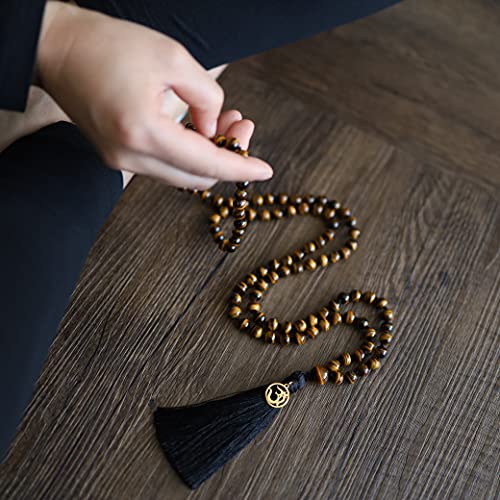 COAI OM Charm Hand Knotted Tassel 108 Mala Beads Necklace - color: Tiger eye, size: 8mm