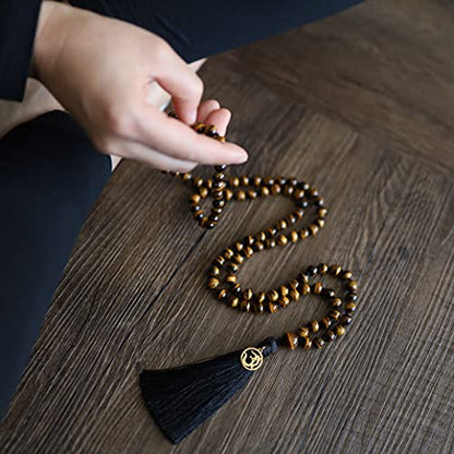 COAI OM Charm Hand Knotted Tassel 108 Mala Beads Necklace - color: Tiger eye, size: 8mm