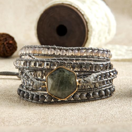Handmade Boho Wrap Bracelets Natural Turquoise Crystal Stone Variety Beaded Strand Bracelet - color: Labradorite #2