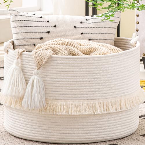 KAKAMAY Large Blanket Basket (20"x13"),Woven Baskets for storage Baby Laundry Hamper, Cotton Rope Blanket Basket for Living Room, Laundry, Nursery, Pillows, Baby Toy chest (White) - color: White