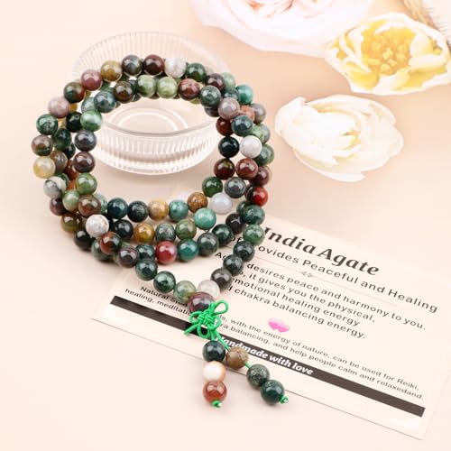 AD Beads 6mm 8mm 108 Prayer Mala Jasper Elastic Bracelet - Handmade Yoga Meditation Healing Power Energy Gifts for Unisex Adult. - color: India Agate(Peaceful)