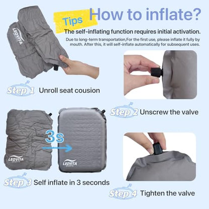 Inflatable Seat Cushion Lightweight Self-Inflating Memory Foam Cushion for Stadium Camping Bleachers Airplane Travel Waterproof Portable Blow Up,Gray
