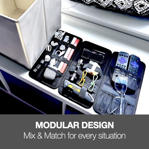 Travel Drawer Bin Organizers - Pack of 3, Elastic Panels for Cables, Cords, Electronics, Suitcase - Tactical Organizer Board for Junk Drawer and Bin