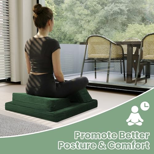 Meditation Cushion Set, Meditation Pillow for Sitting on Floor, Large Yoga Pillow with Knee Support, Washable Zafu Meditation Mat, 3 Shapes Floor Pillow for Adults, Green