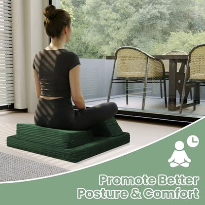 Meditation Cushion Set, Meditation Pillow for Sitting on Floor, Large Yoga Pillow with Knee Support, Washable Zafu Meditation Mat, 3 Shapes Floor Pillow for Adults, Green