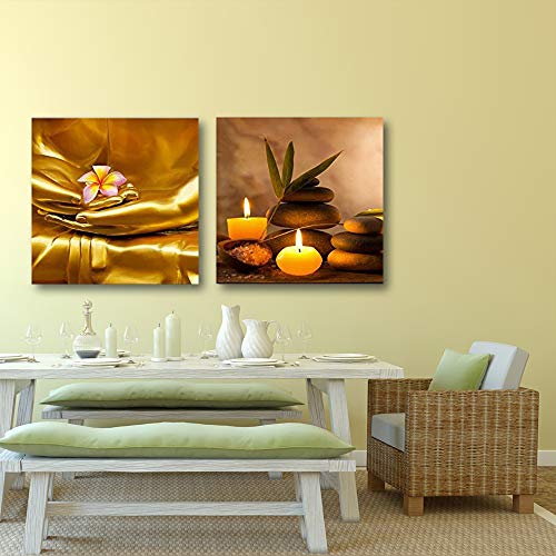 wall26 Two Piece Canvas - Copper Buddha Holding a Plumeria Along with Candles and Rocks on 2 Panels - Canvas Art Home Art - 12x12 inches - color: Copper Buddha, size: 12" x 12" x 2 panels